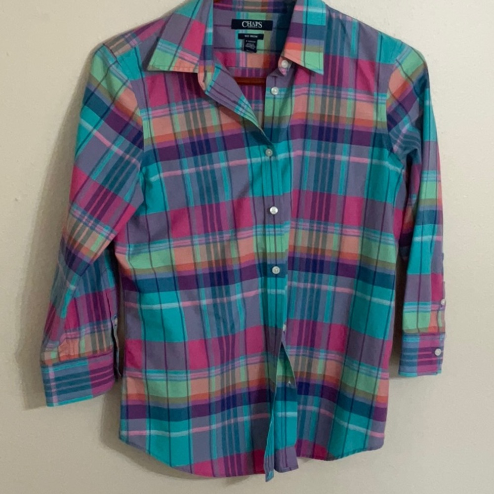 Chaps Pink and Blue Button Down Shirt Vibrant Plaid Design